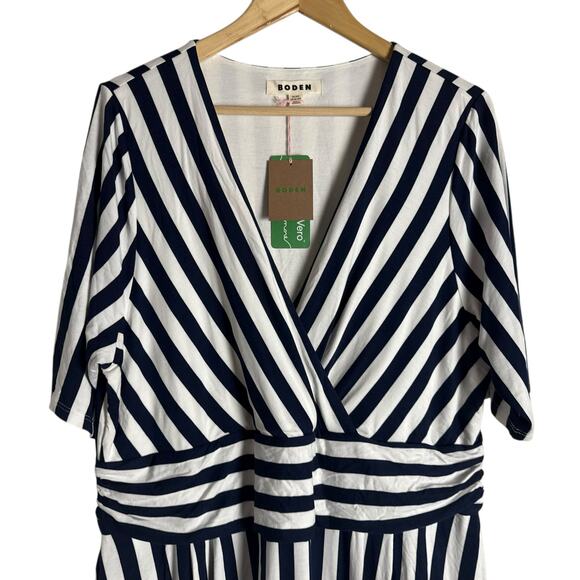 Boden Ponte Panelled French Navy Ivory Striped V-Neck Short Sleeve Tea Dress 20 - Picture 5 of 13